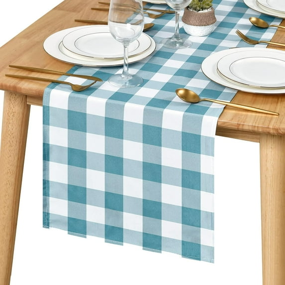 Buffalo Plaid Table Runner, Classic Farmhouse Tabletop Collection, Waterproof Table Runner for Kitchen Dining, Banquet, Restaurant, Outdoor Use, 14W x 72L, Turquoise and White, 1 Piece