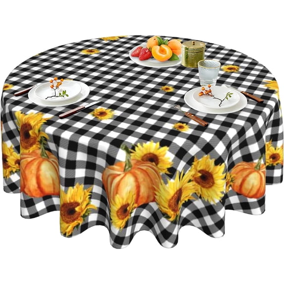 Buffalo Plaid Tablecloth Black and White Checkered Tablecloth Washable Reusable Pumpkin Sunflower Tablecloth Round 60 Inch for Home Party Dinner Kitchen Dining Table Decor