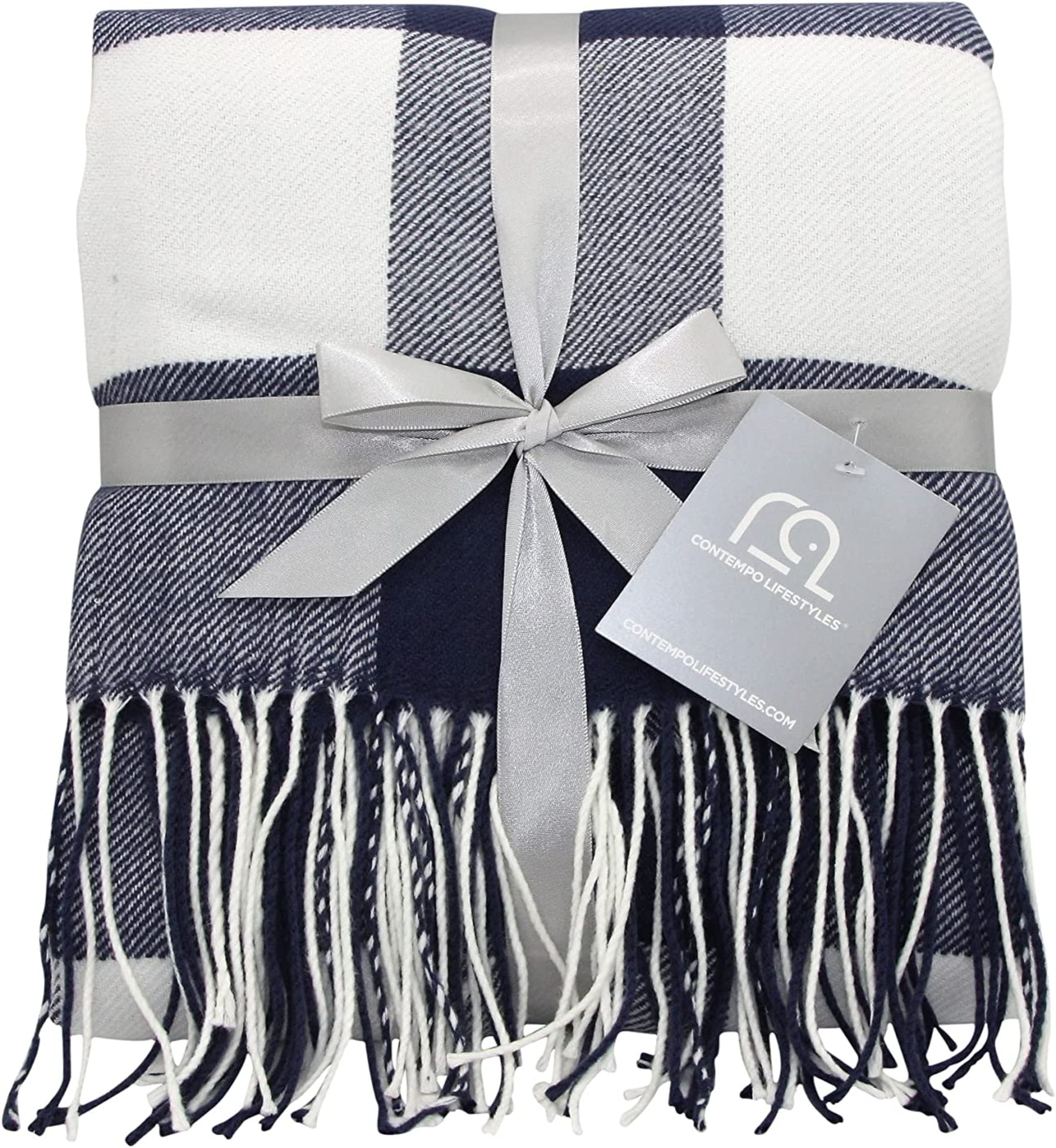 Buffalo Plaid Throw Blanket by Contempo Lifestyles – 50 x 70 Inch Decorative Classic Blanket – Comfortable and Ultra-Soft – Ideal for Living Room, Couch, Travelling, (Dark Denim/Ivory)