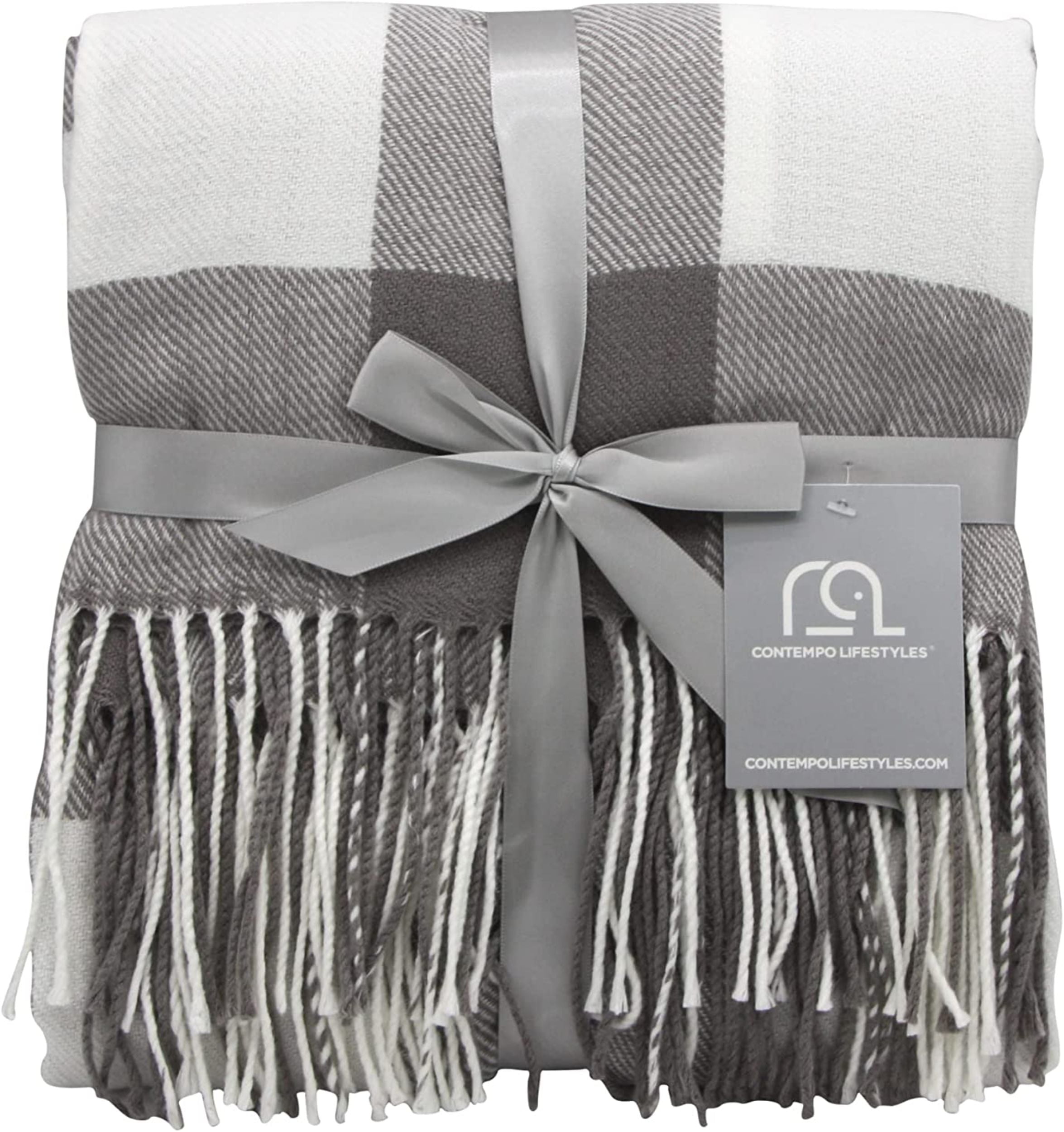 Buffalo Plaid Throw Blanket by Contempo Lifestyles – 50 x 70 Inch Decorative Classic Blanket – Comfortable and Ultra-Soft – Ideal for Living Room, Couch, Travelling, (Elephant/Ivory)