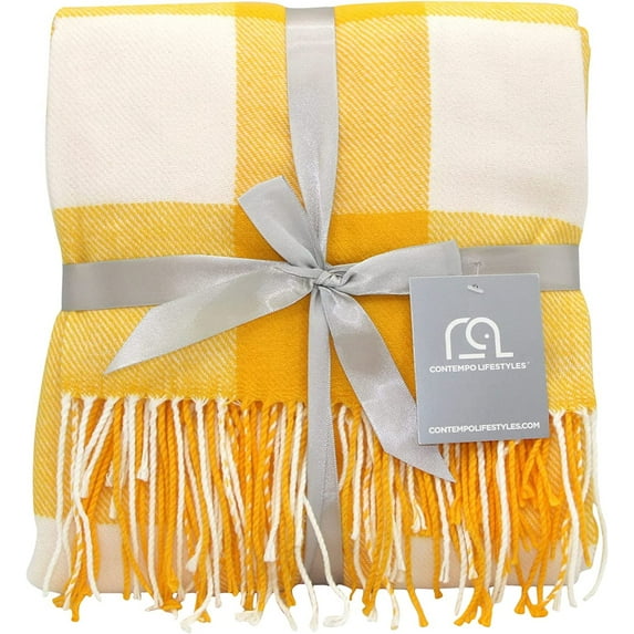 Buffalo Plaid Throw Blanket by Contempo Lifestyles – 50 x 70 Inch Decorative Classic Blanket – Comfortable and Ultra-Soft – Ideal for Living Room, Couch, Travelling, (Sunny/Ivory)