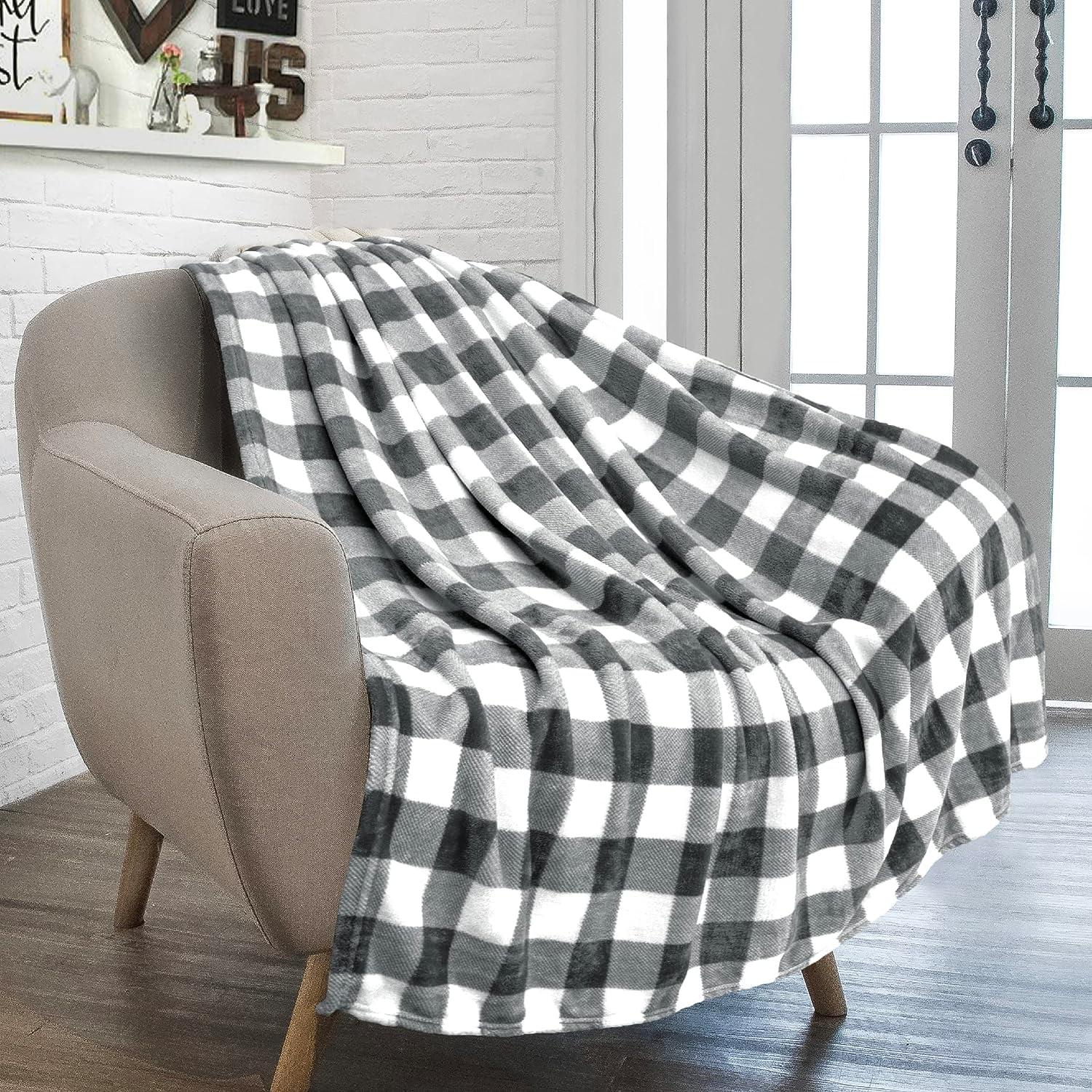 Plaid Grey and White Fleece Throw Blanket for Couch