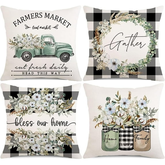 Buffalo Plaid Throw Pillow Covers 18x18 Set of 4 Farmhouse Blue Floral Eucalyptus Decorations Truck Vase Bless Our Home Linen Cushion Case Gifts for Home Decor Couch Sofa