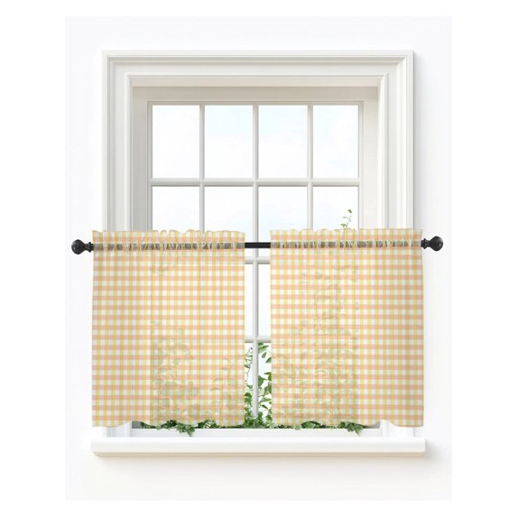 Buffalo Plaid Tier Curtains 24 Inch Length,Sheer Curtains for Bedroom Living Room Farmhouse Yellow Checkered Vintage Rustic Short Kitchen Curtains Drapes for Small Half Window 27.5"x24" 2 Panels