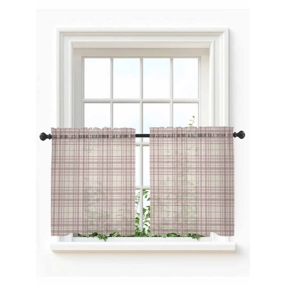Buffalo Plaid Tier Curtains 36 Inch Length,Sheer Curtains for Bedroom Living Room Dusty Rose Pink Farmhouse Gingham Striped Short Kitchen Curtains Drapes for Small Half Window 27.5"x36" 2 Panels