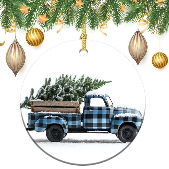 Buffalo Plaid Truck with Christmas Tree Ornament Green Trees Blue Pickup Xmas Gifts Christmas Tree Ornaments Ceramic Elegant Hanging Christmas Tree Decorations Holiday Present