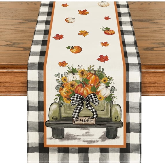 Buffalo Plaid Truck Pumpkin Fall Table Runner, Seasonal Autumn Floral Kitchen Dining Table Decoration for Home Party Decor 13x72 Inch