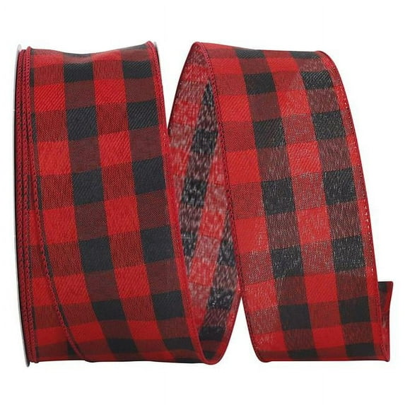 Buffalo Plaid Twill Value Wired Edge Ribbon - Red & Black - 2.5 in. x 50 yards