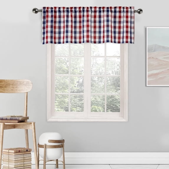 Buffalo Plaid Valance Farmhouse Kitchen Curtain Linen White Sheer Check Rod Pocket Rustic Window Treatment for Living Room Kitchen,1 Panel,55''''x15'''',Navy-Red