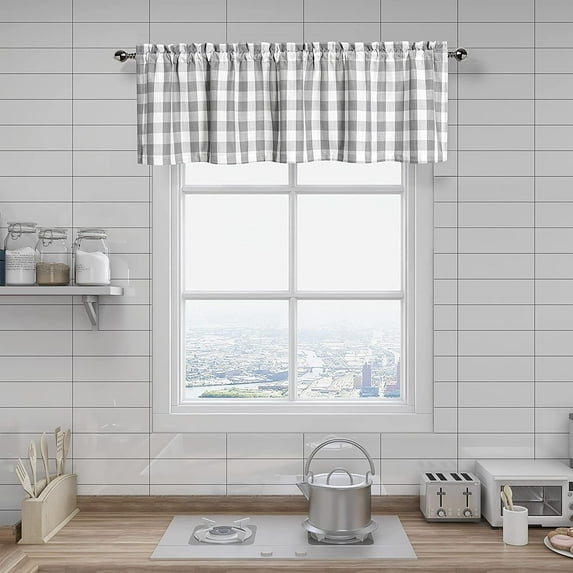 Buffalo Plaid Valance Linen Sheer Cafe Curtain Buffalo Check Plaid Rod Pocket Rustic Kitchen Window Treatment for Living Room Bedroom,1 Panel, 55''''x15'''', Sliver/Gray