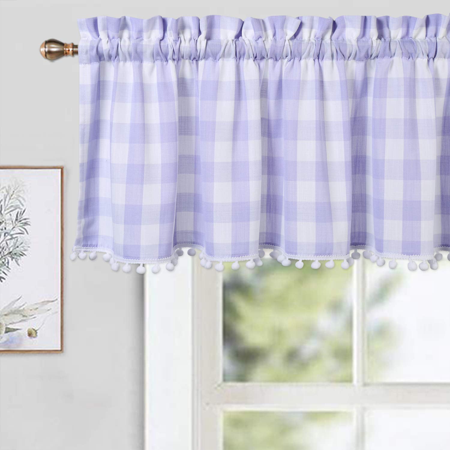 Christmas Kitchen Window Panel Curtain Drape Valance, Buffalo Check Plaid  Gingham with Floral Lace Farmhouse Country Holiday Home Decor 51x16