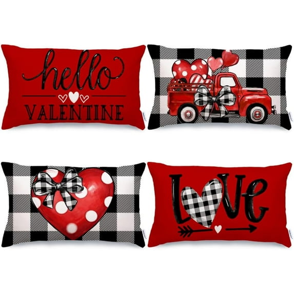 Buffalo Plaid Valentines Day Pillow Covers 12x20 Set of 4 Valentines Day Decor Polka Dot Red Heart with Bow Love Truck Valentine Pillows Decorative Throw Pillows Valentines Day Decorations G169-12