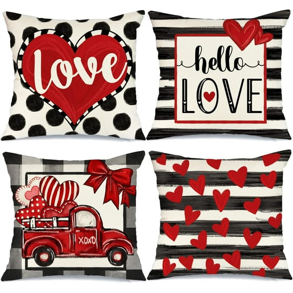 Buffalo Plaid Valentines Pillow Covers 20x20 Set of 4 Polka dot Stripes Love Heart Truck Valentine Pillows Decorative Throw Pillows Valentines Day Decor for Sofa Couch Home Decorations G175-20