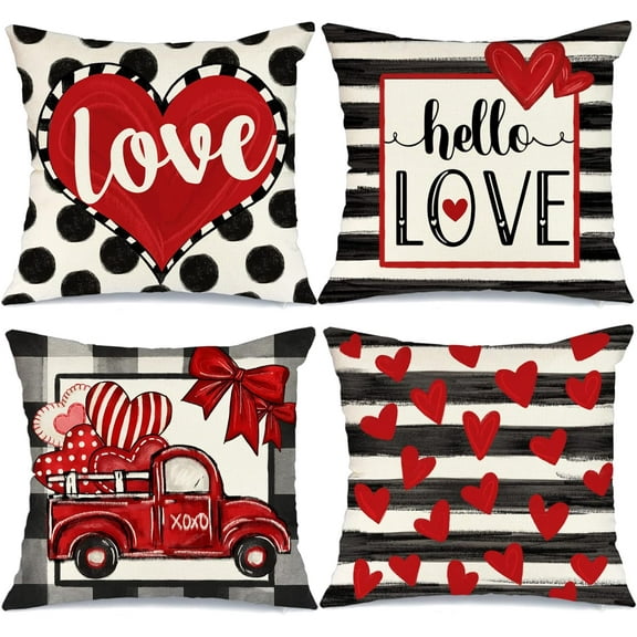 Buffalo Plaid Valentines Pillow Covers 20x20 Set of 4 Polka dot Stripes Love Heart Truck Valentine Pillows Decorative Throw Pillows Valentines Day Decor for Sofa Couch Home Decorations G175-20