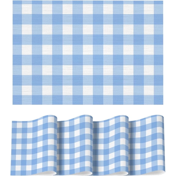 Buffalo Plaid Vinyl Placemats Set of 4, 12x18 Inch Washable Non-Slip Heat Resistant Plastic Place Mats for Party Dining Table, Naxy Blue/White