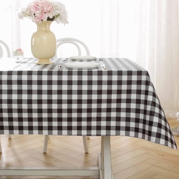 Buffalo Plaid Vinyl Tablecloth With Flannel Backing Rectangle Waterproof & Oil Proof Checkered Tablecloth, Plastic Table Cover for Dining, Party, Indoor, Outdoor, Black and White