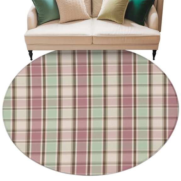 Buffalo Plaid Washable Round Rug 6ft Area Rug for Living Room, Soft Large Non-Slip Circle Dining Room Rugs Farmhouse Red Green Beige Check Gingham Carpet for Bedroom Entryway Classroom Dorm
