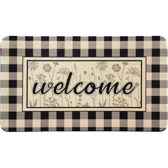 Buffalo Plaid Welcome Decorative Door Mat - Welcome Mat Outdoor Non-Slip Rubber Decorative Front Door Checkered Door Mat Indoor Rug 17" x 30"
