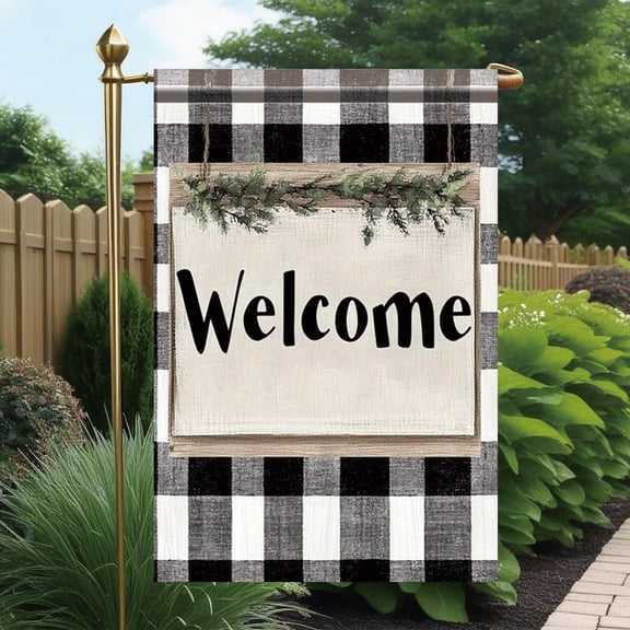 Buffalo Plaid Welcome Garden Flag 12x18 Inch Double Sided Outdoor Yard Banner Black and White Check Farmhouse Rustic Decor for Porch Lawn Garden