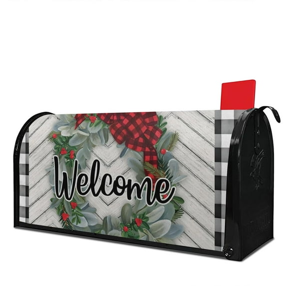 Buffalo Plaid Welcome Mailbox Covers Magnetic Letter Box Wrap Standard Size 21x18 Inch Mailbox Decor Post Letter Box Decoration for Outdoor Garden Yard
