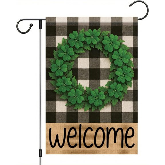 Buffalo Plaid Welcome Wreath Garden Flag Four Leaf Clover Flag 12x18 Double Sided Tropical Lucky Green Shamrock Yard Decor for Spring Summer Outdoor Porch  Lawn Farmhouse