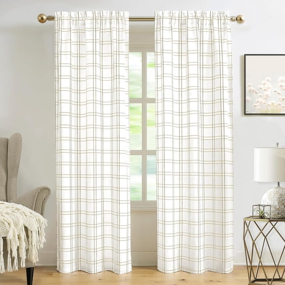 Buffalo Plaid Window Treatment Set,Light Filtering Curtain Woven Lines Pattern Drapes for Living Room and Bedroom, Semi Sheer Rod Pocket Modern Farmhouse Style 2 Panels 40"x84",Linen&White