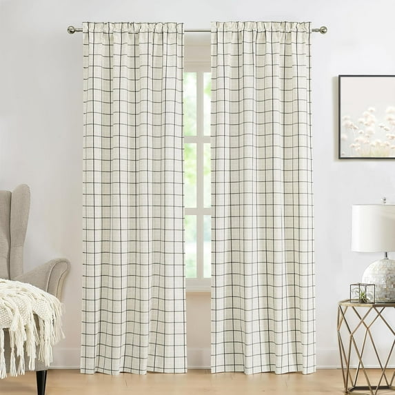 Buffalo Plaid Window Treatment Set,Light Filtering Curtain Woven Lines Pattern Drapes for Living Room and Bedroom, Semi Sheer Rod Pocket Modern Farmhouse Style 2 Panels 40"x84"x2,Beige&Black