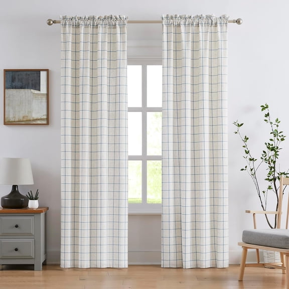 Buffalo Plaid Window Treatment Set,Light Filtering Curtain Woven Lines Pattern Drapes for Living Room and Bedroom, Semi Sheer Rod Pocket Modern Farmhouse Style 2 Panels 40"x84"x2,Beige&Blue