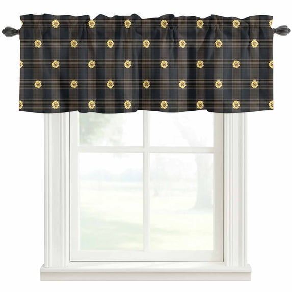 Buffalo Plaid Window Valance Curtain Sunflower Floral Rod Pocket Short Curtain for Living Room, Bedroom & Kitchen Window Decor 42x12in