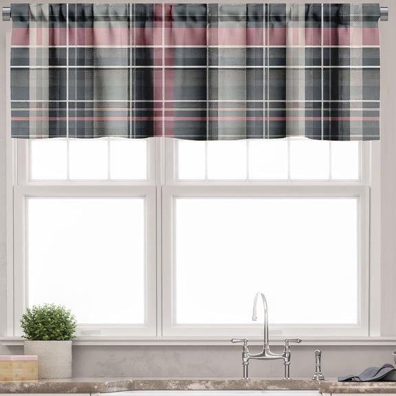 Buffalo Plaid Window Valance, Modern Tartan Design with Gentle Lines Classic Timbermen Pattern, Curtain Valance for Kitchen Bedroom Decor with Rod Pocket, 54" X 18", Pink and Grey