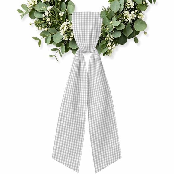 Buffalo Plaid Wreath Sash for Front Door, Farmhouse Grey Checkered Vintage Rustic Wreath Bow Accent for Fall Christmas Holiday Door Decor, Ribbon Sash for Wreaths, Porch Home Decoration
