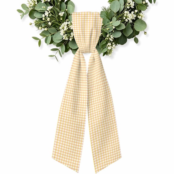 Buffalo Plaid Wreath Sash for Front Door, Farmhouse Yellow Checkered Vintage Rustic Wreath Bow Accent for Fall Christmas Holiday Door Decor, Ribbon Sash for Wreaths, Porch Home Decoration