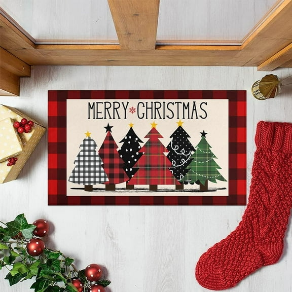 Buffalo Plaid Xmas Trees Merry Christmas Red Doormat 30"x17" Decorative Holiday Rugs Indoor Outdoor Front Door Welcome Mats Winter Doormats for Porch Entrance Entryway