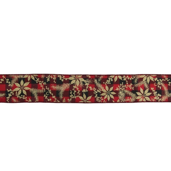 Northlight Red and Black Plaid Christmas Wired Craft Ribbon with Gold Poinsettias 2.5" x 16 Yards