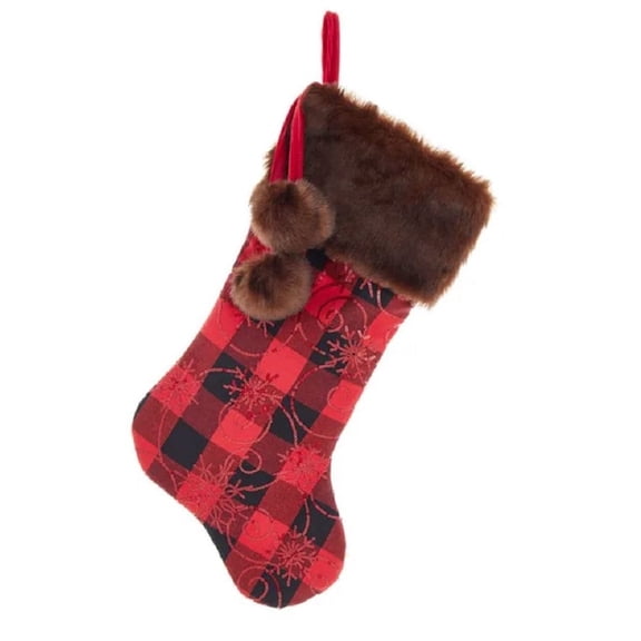 Buffalo Plaid with Sequin Stocking with Faux Fur Cuff and Pom Poms 20.5 Inch