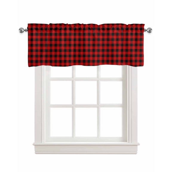 Buffalo Red Linen Curtain Valance for Bedroom/Bathroom/Kitchen/Office/Living/Dining Room Window,Farmhouse Country Black Checkered Rod Pocket Topper Decorative Cafe Drapes Panel 54"x18"