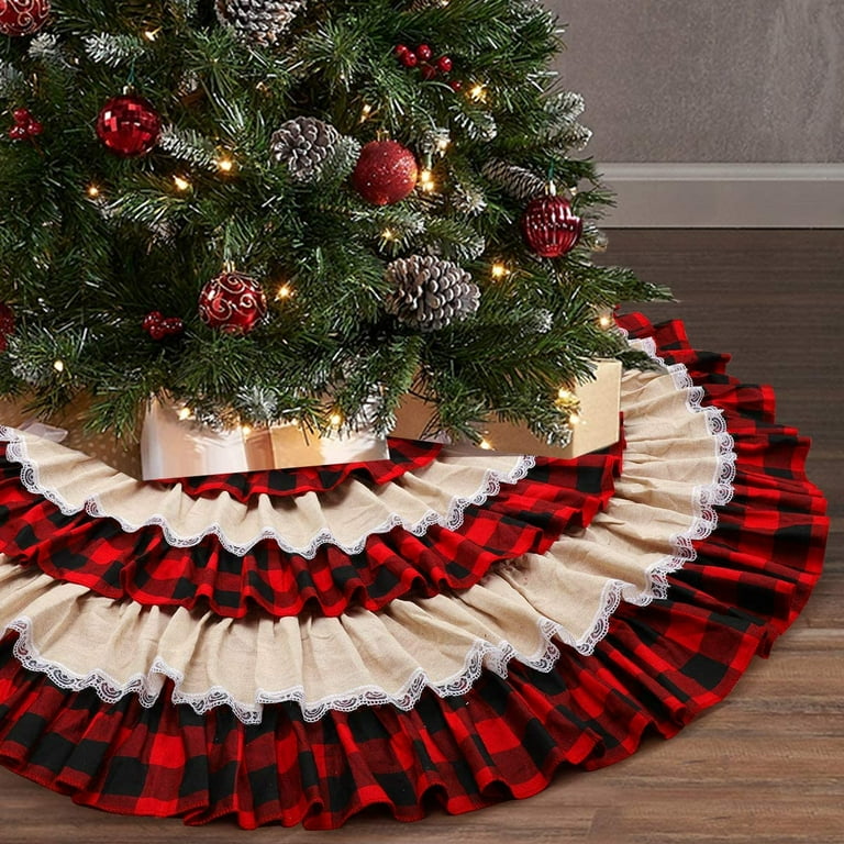 Buffalo Ruffle Christmas Tree Skirt 48 inches Plaid Burlap 6 Layer Rustic Xmas Tree Holiday Decorations Buffalo Plaid Lace