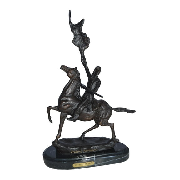 Buffalo Signal Bronze Statue by Remington - Stylish and Modern Marble Base American Western Sculpture, Captivating Art for Home & Office Decor, Size: 8"L x 3"W x 13"H