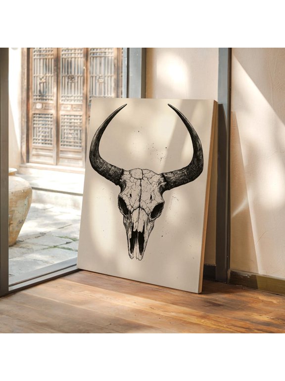 Buffalo Skull Wall Art Western Rustic Decor Black And White Horned Skull Print Southwestern Gothic Illustration Wall Art Modern Wall Decor