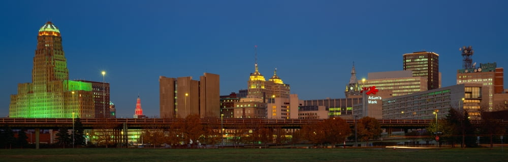 Buffalo Skyline at Dusk New York Canvas Art - Panoramic Images (27 x 9)