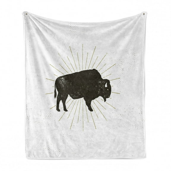 Buffalo Soft Flannel Fleece Throw Blanket, Power Animal American Maned Bison Illustration Abstract Halo Art, Cozy Plush for Indoor and Outdoor Use, 60" x 80", White and Dark Taupe, by Ambesonne