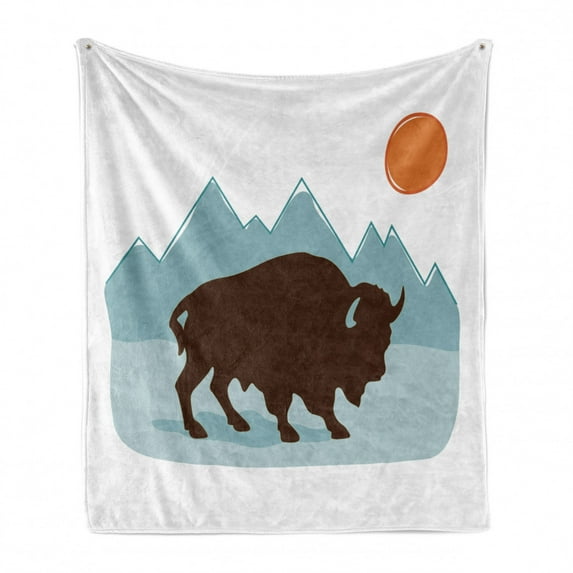Buffalo Soft Flannel Fleece Throw Blanket, Wild American Bison with Horns Mountain and Sun, Cozy Plush for Indoor and Outdoor Use, 50" x 70", Seal Brown Burnt Orange, by Ambesonne
