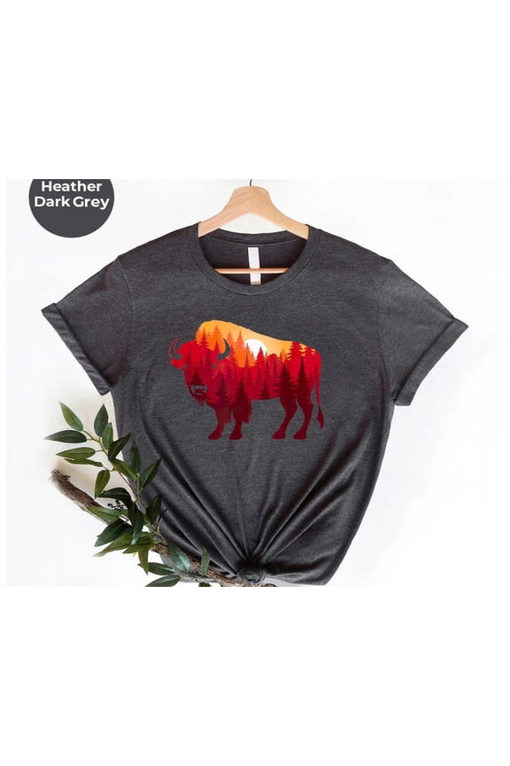 Buffalo Sunset Forest Graphic Tee: Nature Wildlife Shirt TSHIRT All Size S-5XL