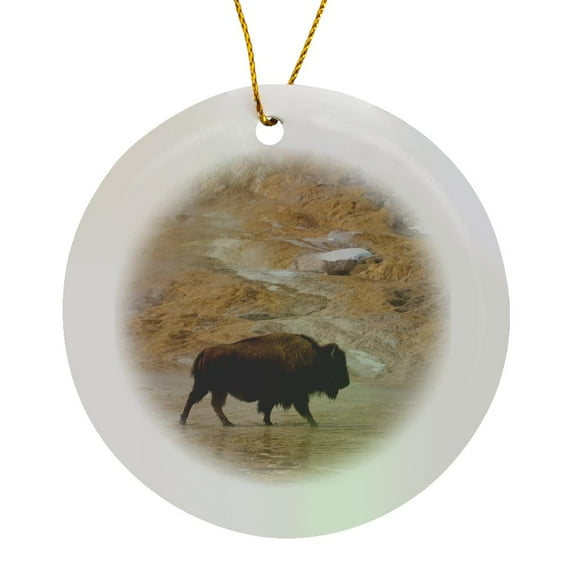 Buffalo Traverses Mammoth Hot Springs, Yellowstone Np, Wyoming, Circle Porcelain Ornament