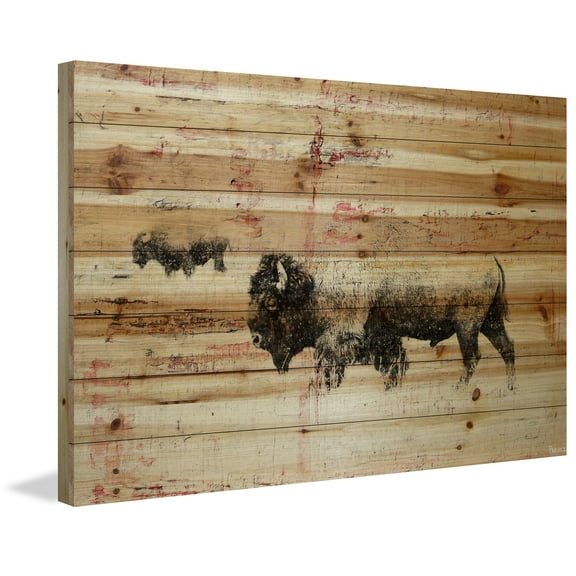 "Buffalo Walking" Painting Print on Natural Pine Wood