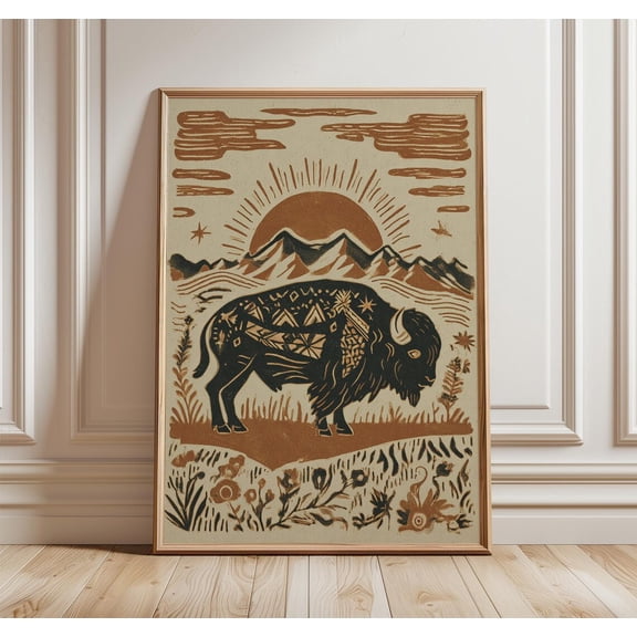Buffalo Wall Art Southwestern Desert Landscape Boho Tribal Animal Rustic Decor, Stretched Canvas 8x10in