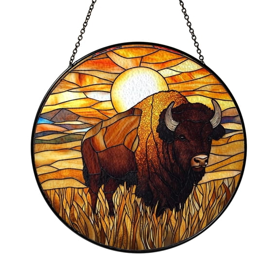 Buffalo Wildlife Glass Window Panel with Sunset Prairie Landscape, Decorative Light Catching Art for Home Window Spaces
