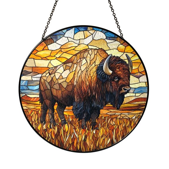 Buffalo Window Suncatcher with Stained Glass Effect, Decorative Prairie Wildlife Window Art with Bold Animal Form
