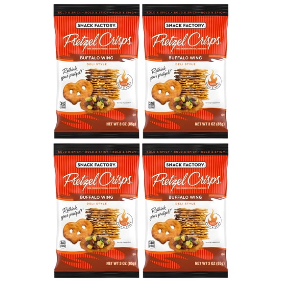 Buffalo Wing-Flavored Pretzel Crisps 3 oz On-the-Go Bags, Thin Crunchy Pretzel Chips for Dipping, Snacking, Lunches, Party Snacks Cookies (Pack of 4)
