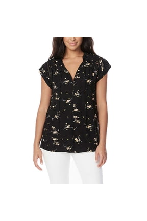 Buffalo Women's Floral Print Flutter Sleeve Lightweight Woven Top Blouse-Black / L